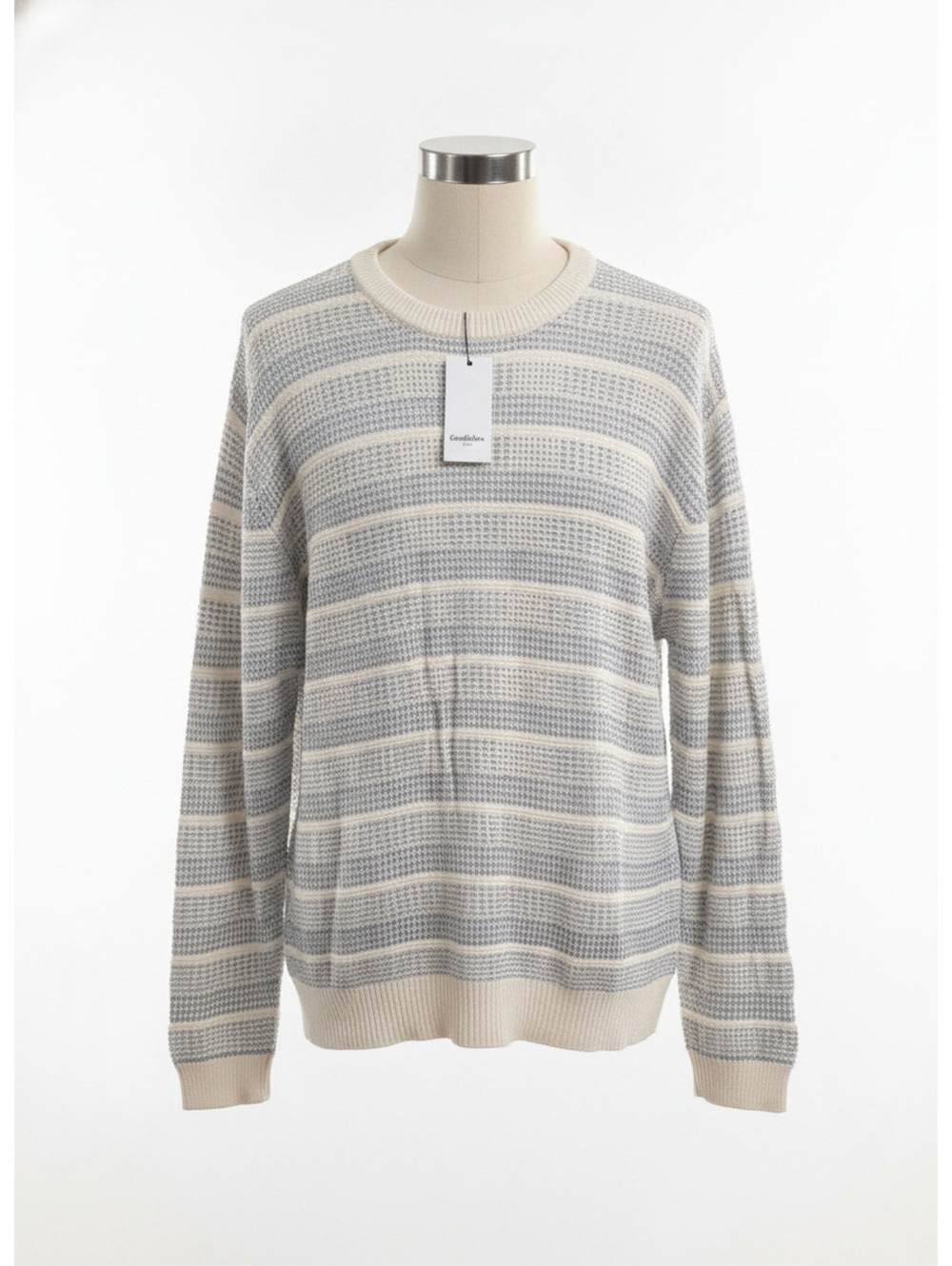 Goodthreads Men's Striped Knit Sweater Cream and Gray Size M